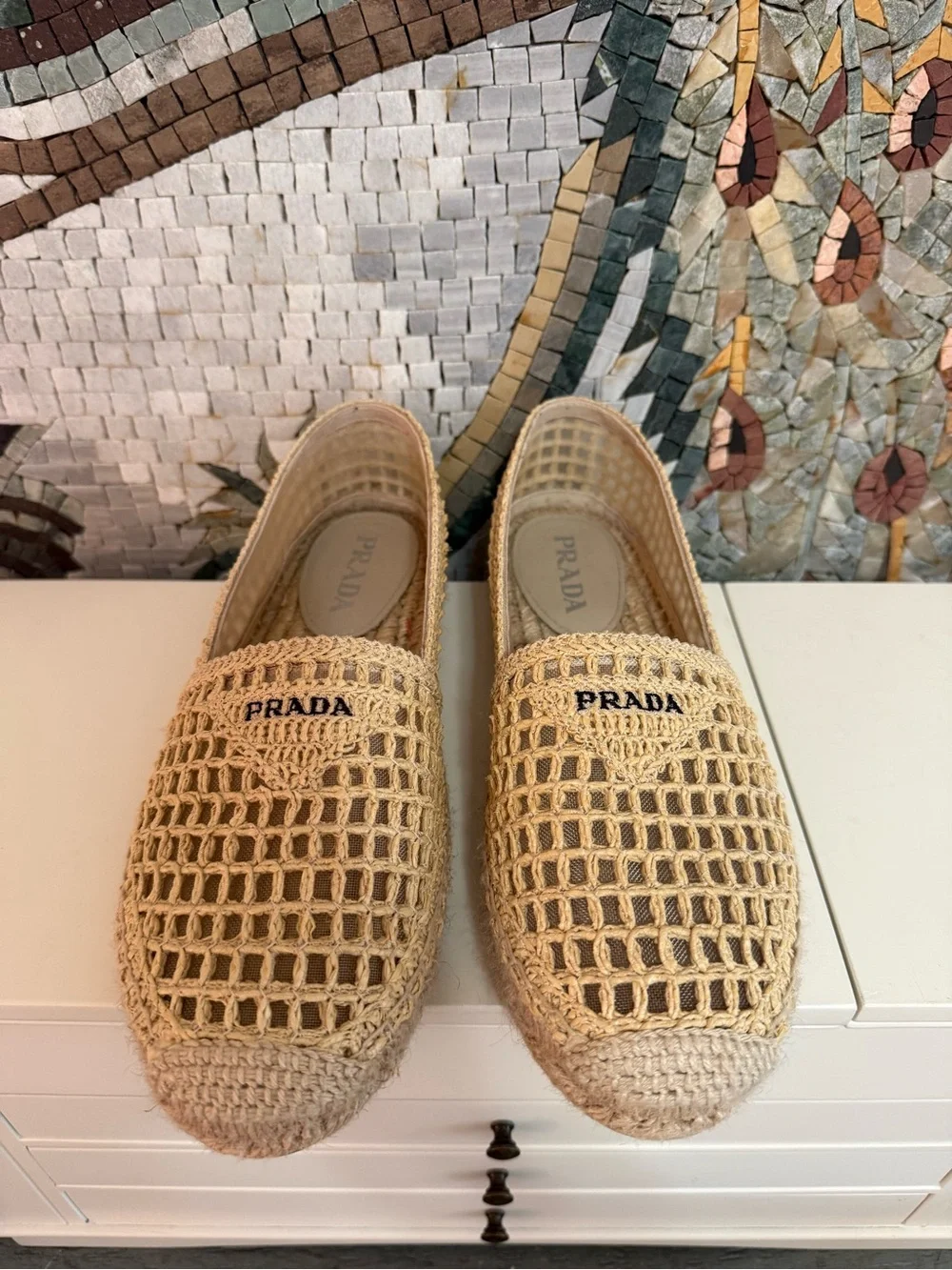 Prada Natural Beige Woven Espadrille Slip-Ons